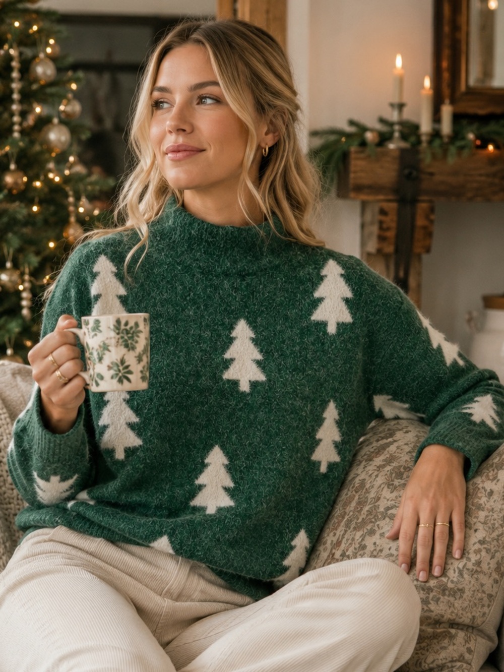 Rachel Zoe Christmas Tree Sweater XS Evergreen Funnel Neck Fuzzy Knit